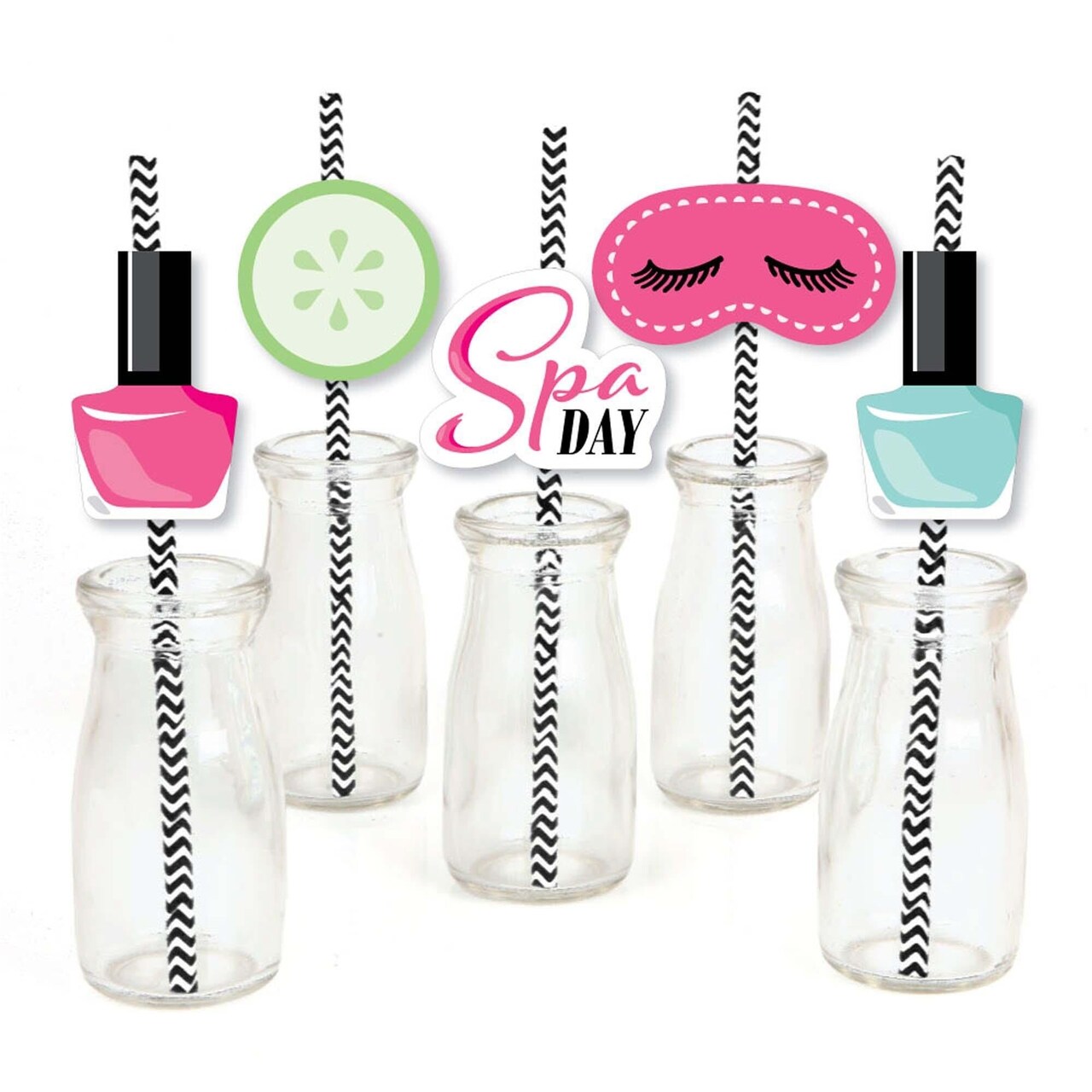 Big Dot of Happiness Spa Day - Paper Straw Decor - Girls Makeup Party Striped Decorative Straws - Set of 24